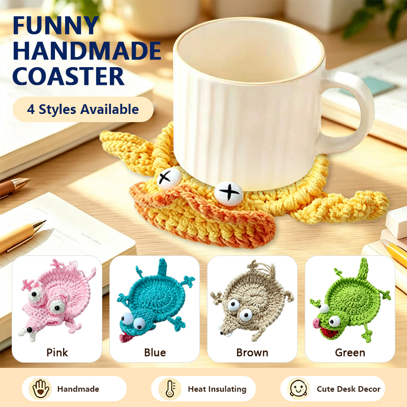 Coffee Tea Day - かわいい手編みの動物コースター、手作りのニット製ソフトドリンクカップマット、ホームオフィスのテーブルデスク装飾、コーヒーティーカップ用ノベルティギフト