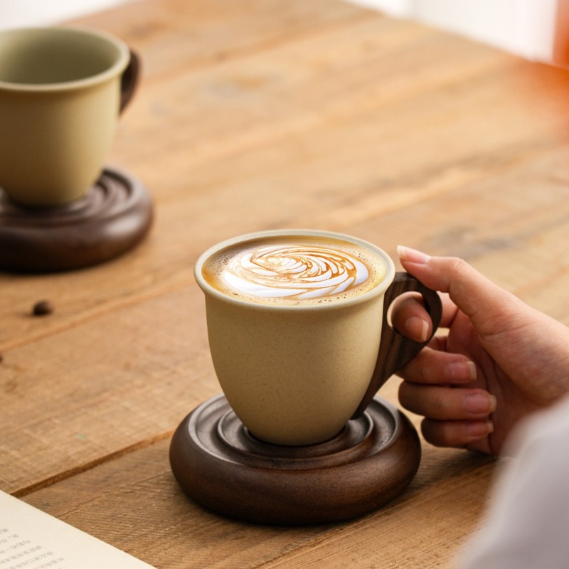 Coffee Tea For Garden - クリエイティブなブラウンセラミックと木製の組み合わせコーヒーカップ、ガーデン木製ソーサー、アフタヌーンティーデザートティーカップ、レトロオフィスマグ、ウォーターカップ