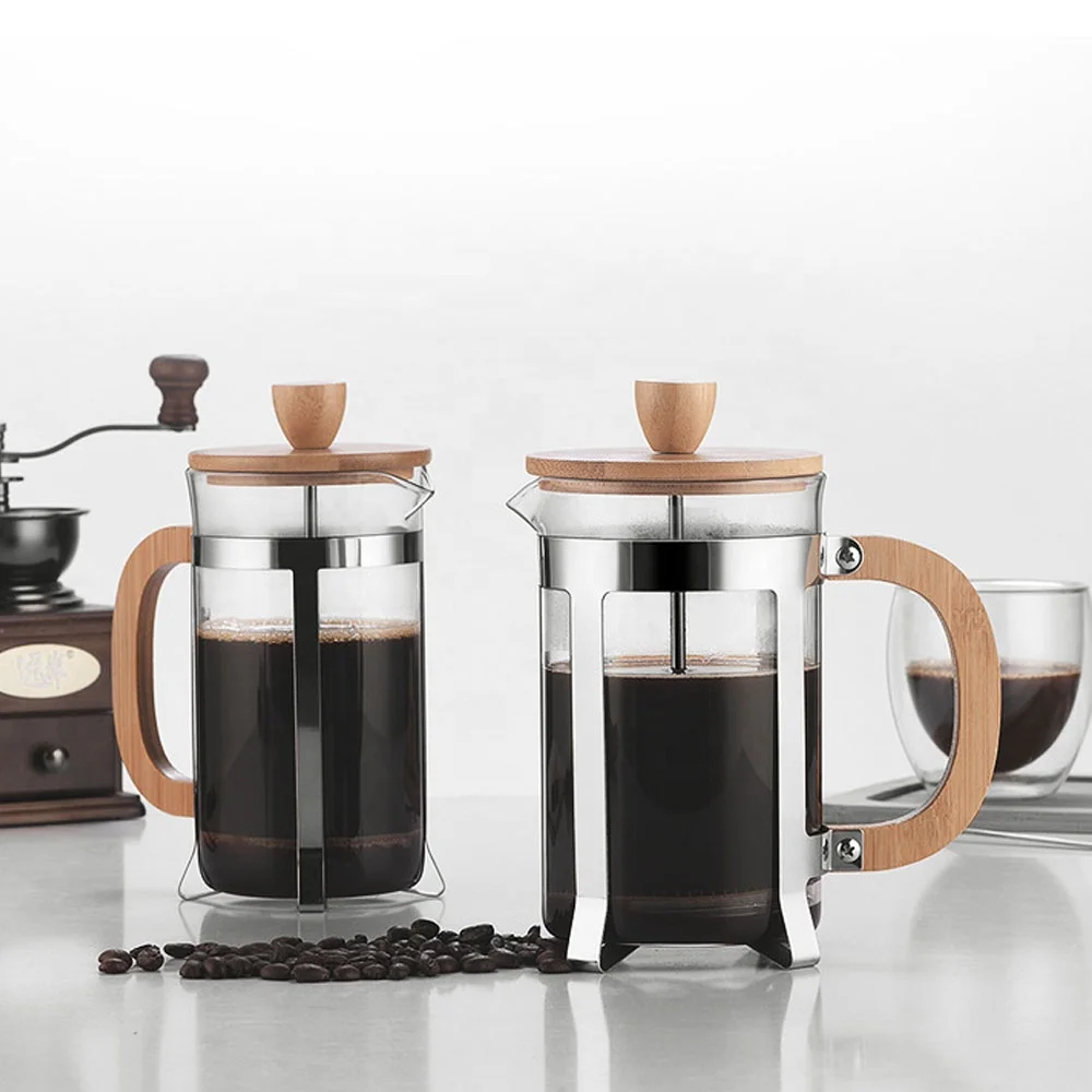 Coffee Tea Press - 350/600mlステンレス製プレス式ポット 食品グレード プレス式木製ハンドルメーカー フランス製透明プレス コーヒー・紅茶用