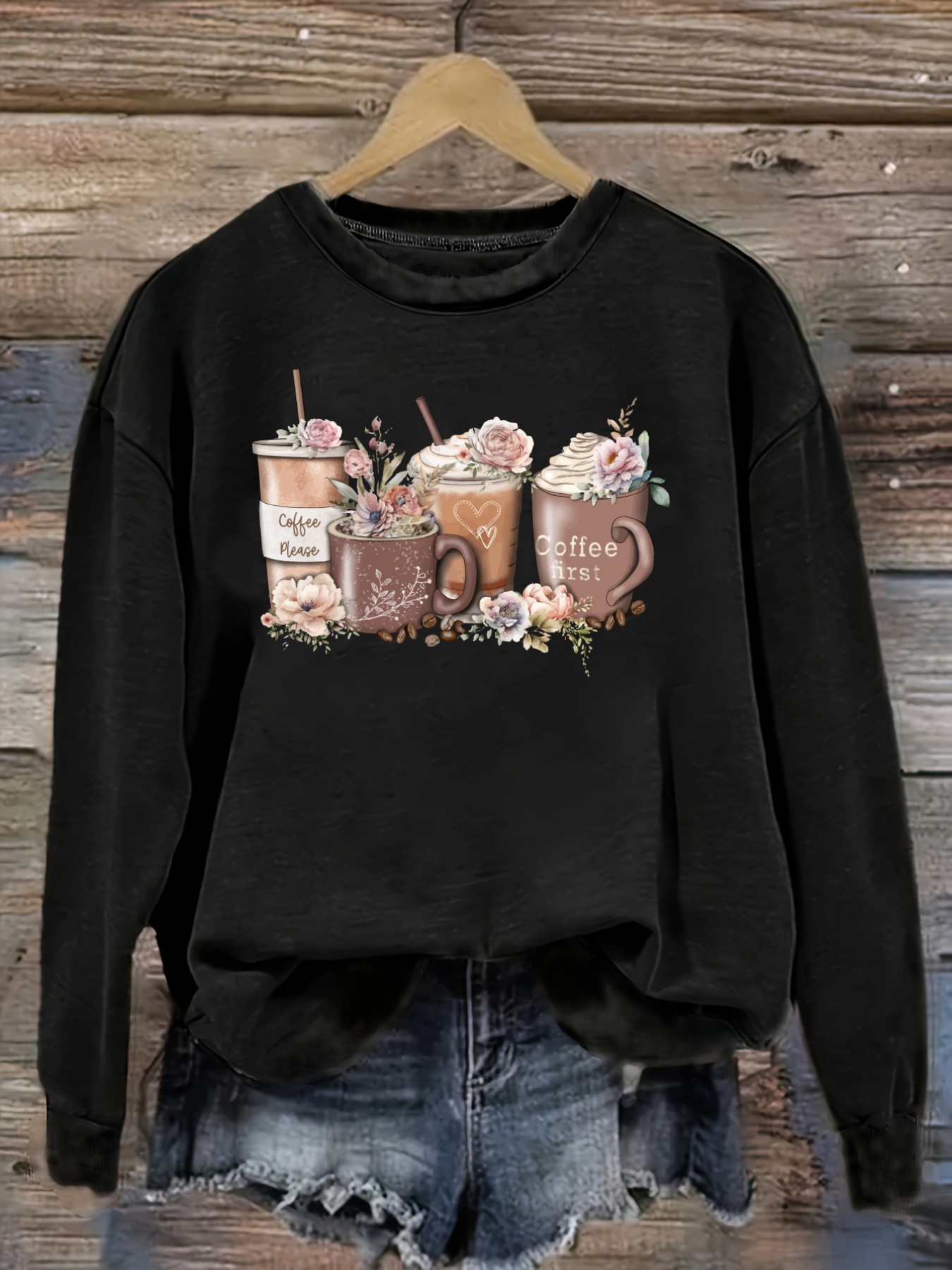 Coffee & Tea Difabis - レディースカジュアル長袖クルーネックTシャツ、コーヒーカップと花柄プリントデザイン、ラウンドネック婦人服、洗濯機で洗える、やや伸縮性あり、ゆったりフィット、春・秋・冬用レディースTシャツ、ハロウィンコスチューム衣装