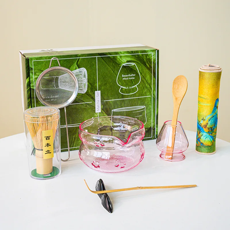 Matcha Whisk Set - 4-8個入りガラス製蝶ネクタイ型抹茶泡立て器セット、注ぎ口付き抹茶ボウル、伝統的な日本の抹茶キットで完璧な抹茶を。