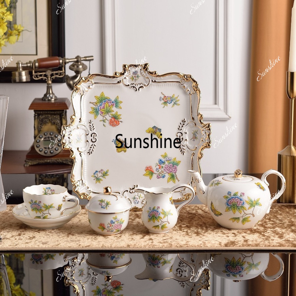 Coffee Tea For Garden - ハンガリー風フローラルガーデンアフタヌーンティーセット（ティーポット、シュガーボウル、クリームポット、トレイ、コーヒーカップ＆ソーサー、ビクトリアスタイル）