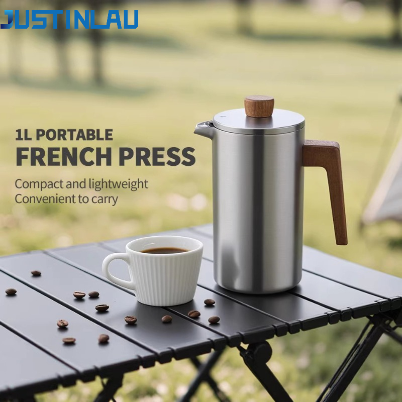 Coffee Tea Press - JUSTINLAU 1000ml ステンレス鋼フレンチプレスポット 家庭用コーヒー＆ティーメーカー 木製ハンドル＆目盛り付き アウトドアキャンプ用コーヒーポット