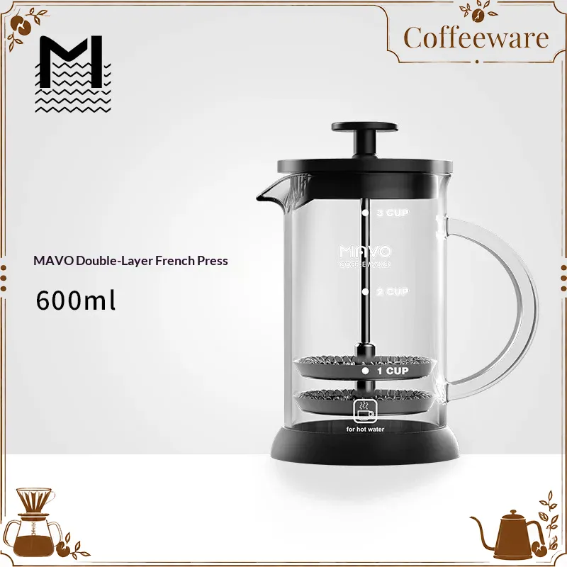 Coffee Tea Press - MAVO フレンチプレスコーヒーメーカー ダブルメッシュフィルター 2カップ ポータブルガラスフィルターポット 家庭用コーヒー紅茶醸造