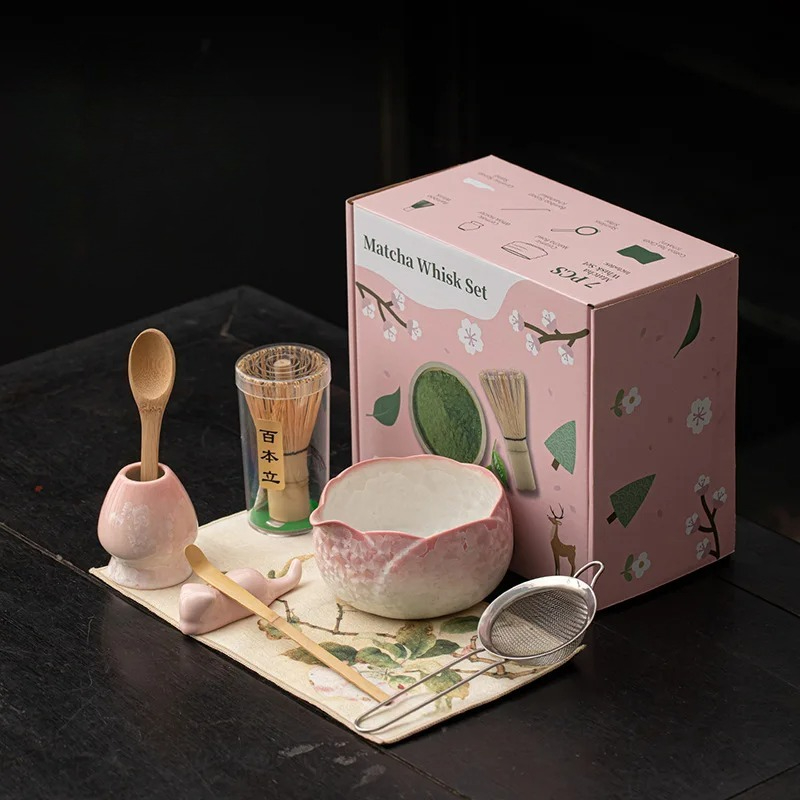 Matcha Whisk Set - 抹茶セット、抹茶泡立て器セット、陶器製抹茶セット、4/8点セット、抹茶愛好家向け抹茶キット（クリスタルアイスフラワーパターン）