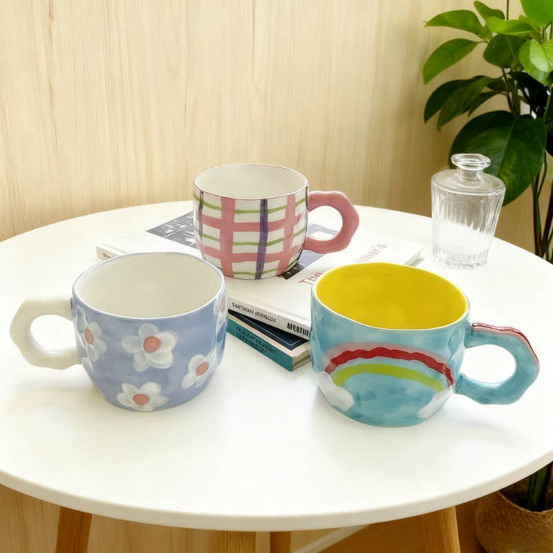 Coffee Tea Day - 虹色の韓国風手描き不規則セラミックマグカップ、手描きの花柄コーヒーカップ、ミルクティーカップ、バレンタインデーギフト