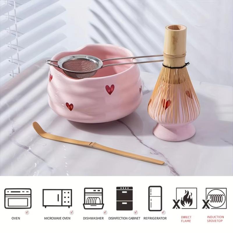 【2/4/5点セット かわいいハート柄デカール付き陶器抹茶セ - Matcha Whisk Set のレビューと価格