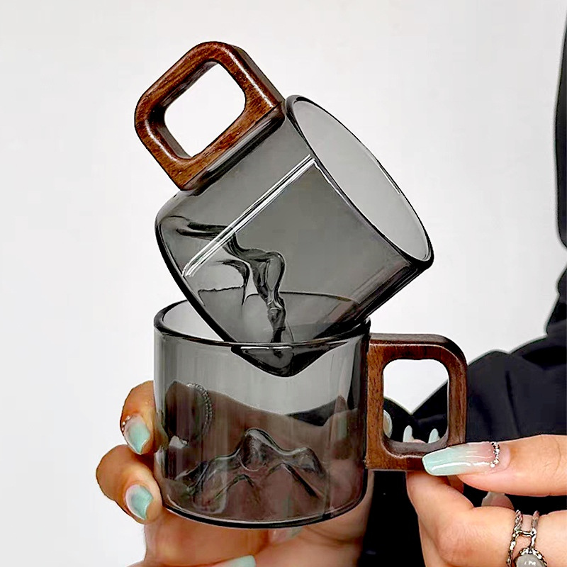 小さな容量のクルミの木製ハンドルガラスコーヒーマグ、北欧のコ - Coffee Tea For Me のレビューと価格