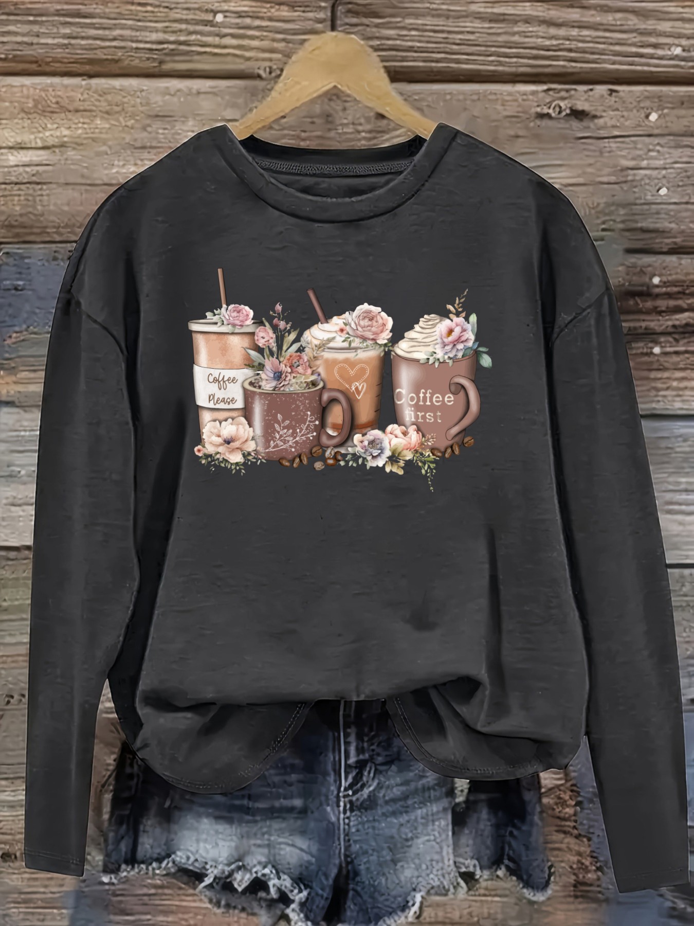 レディースカジュアル長袖クルーネックTシャツ、コーヒーカップ - Coffee & Tea Difabis のレビューと価格