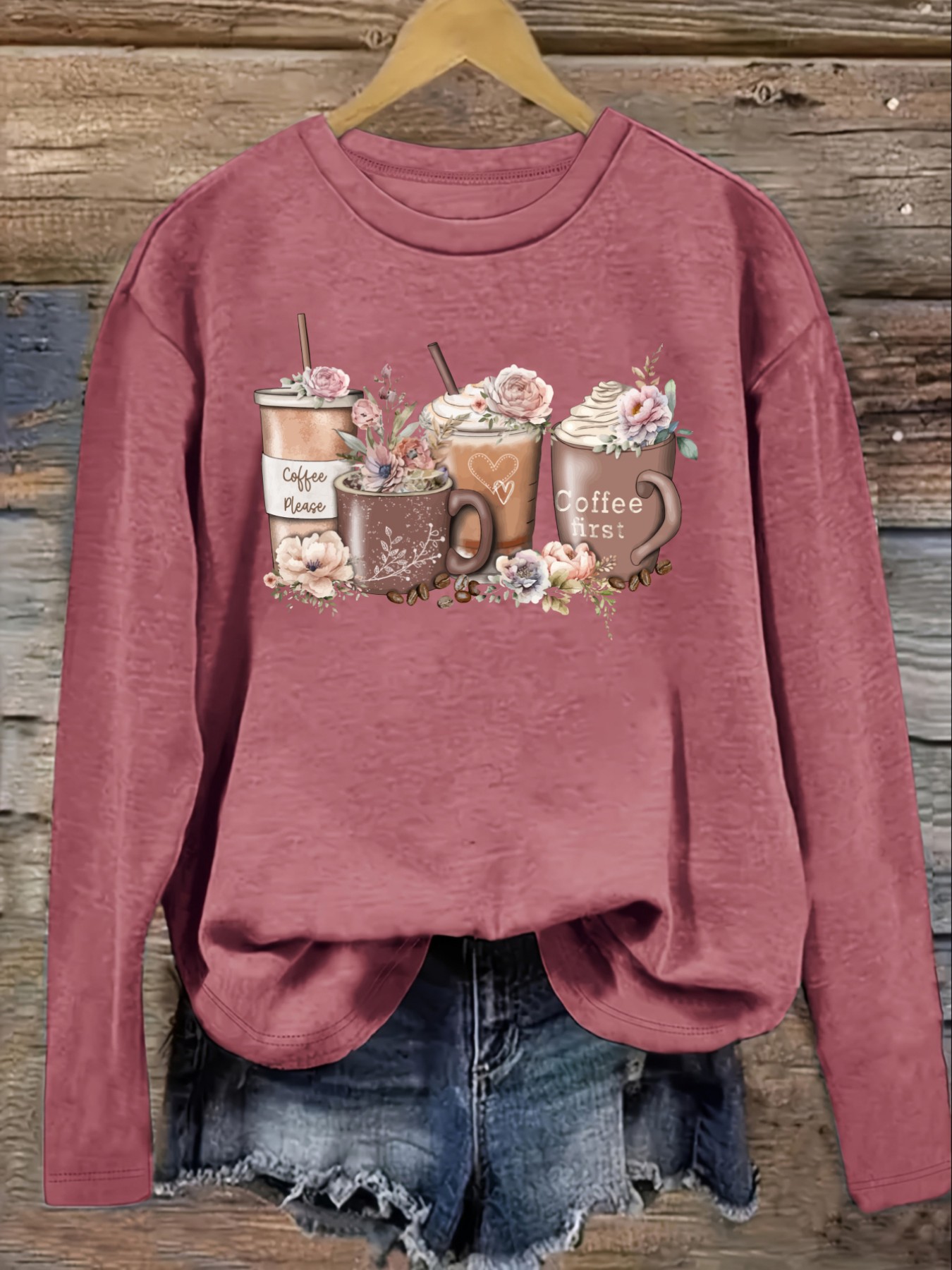 レディースカジュアル長袖クルーネックTシャツ、コーヒーカップ - Coffee & Tea Difabis のレビューと価格