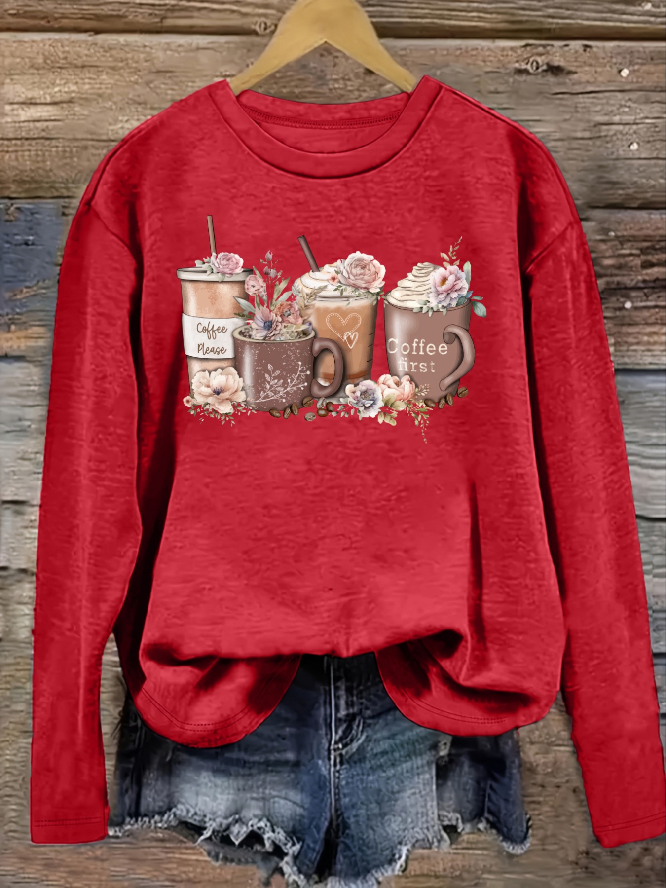 レディースカジュアル長袖クルーネックTシャツ、コーヒーカップ - Coffee & Tea Difabis のレビューと価格