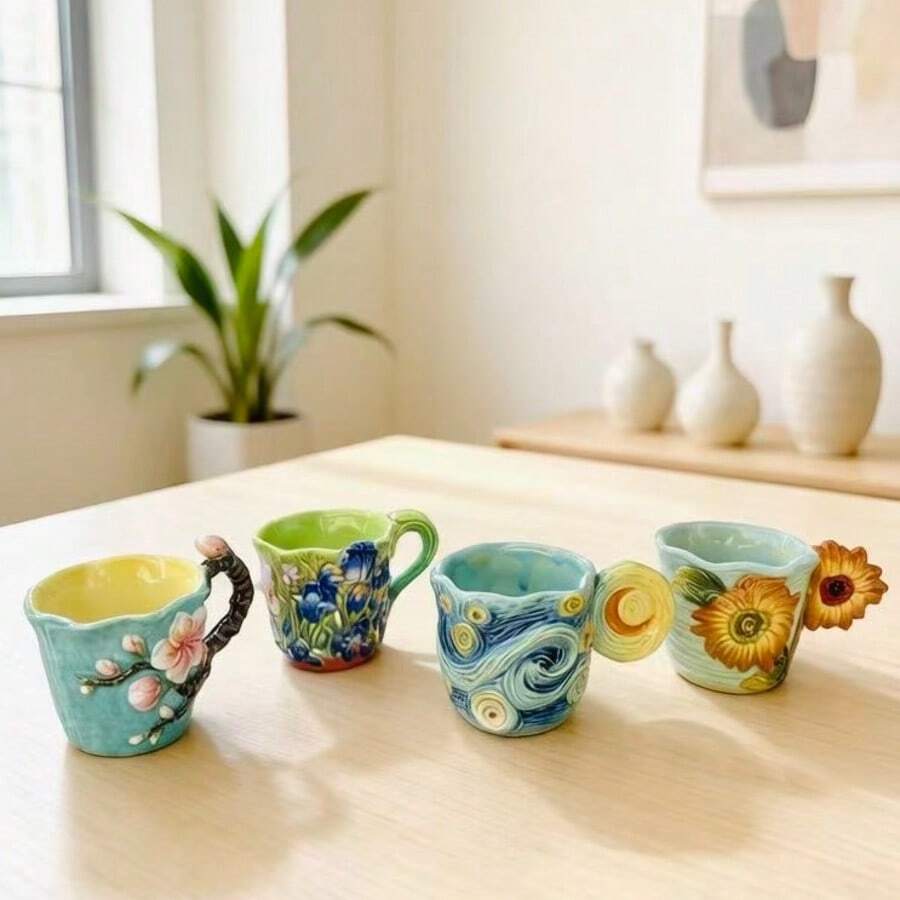 4個セットのゴッホシリーズエンボス加工セラミックイタリアンコ - Coffee Tea Day のレビューと価格