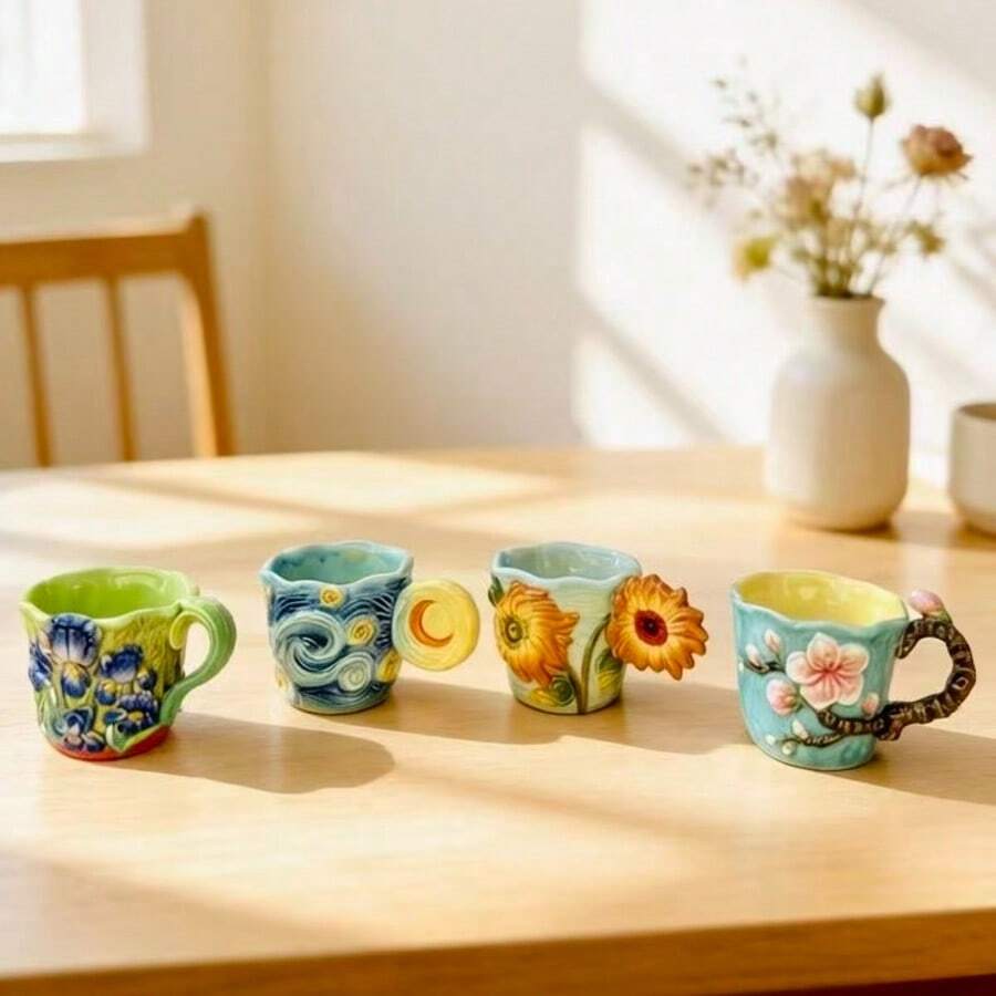 4個セットのゴッホシリーズエンボス加工セラミックイタリアンコ - Coffee Tea Day のレビューと価格