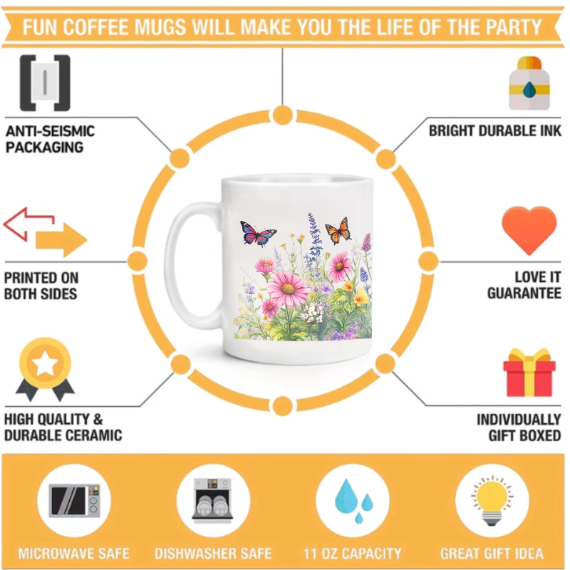 陶器の白いカップ、蝶と野花のデザインで、コーヒー、紅茶、温か - Coffee Tea For Garden のレビューと価格