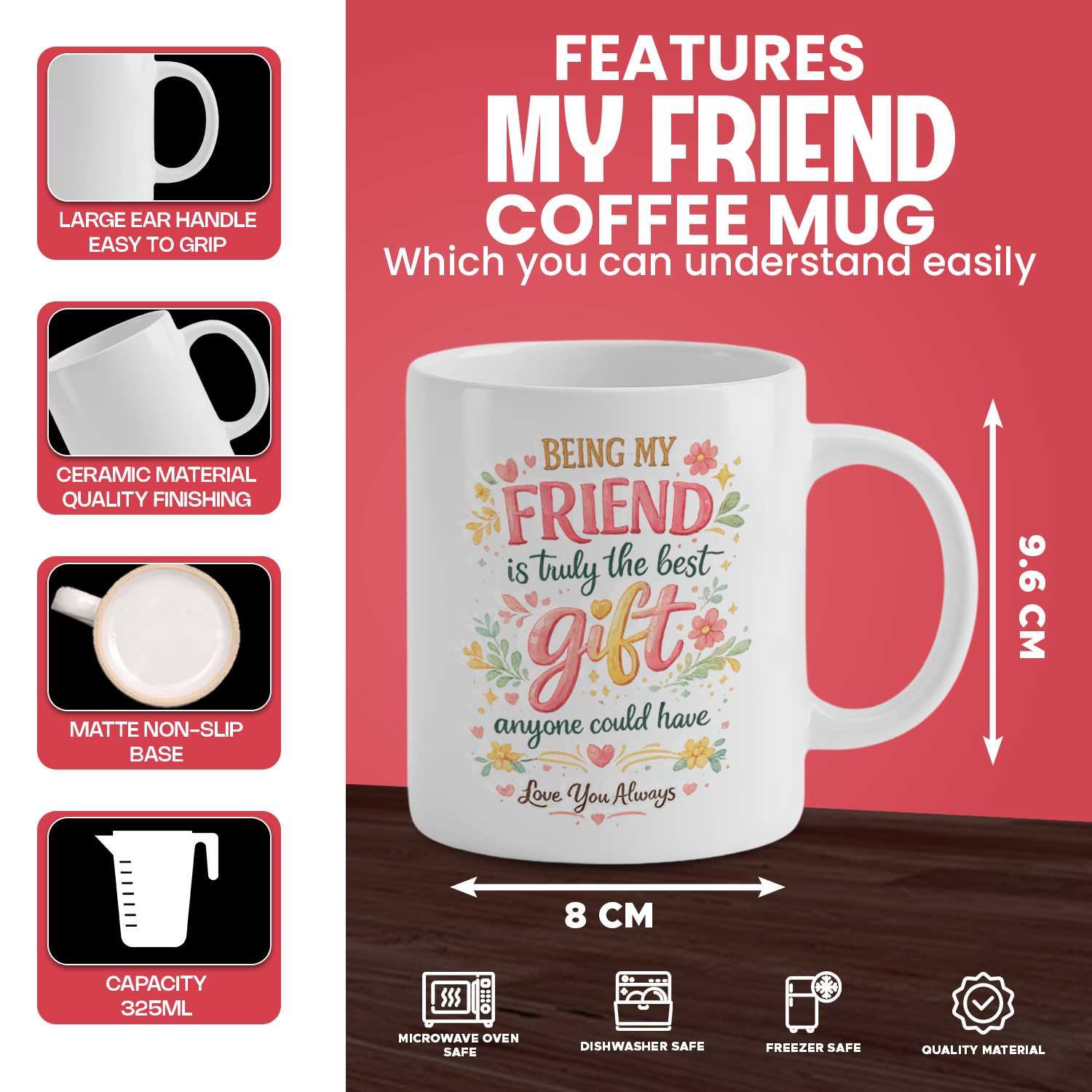 「友達でいてくれることが本当に最高の贈り物」コーヒーマグ、面 - Coffee Tea Jokes のレビューと価格