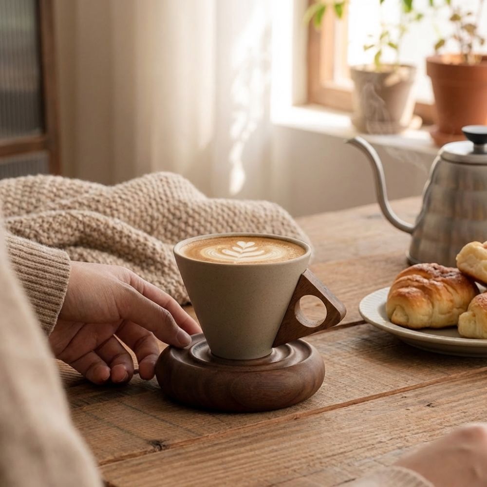 粗陶三角コーンカップ レトロスタイル木製ベース ヴィンテージ - Coffee Tea For Me のレビューと価格